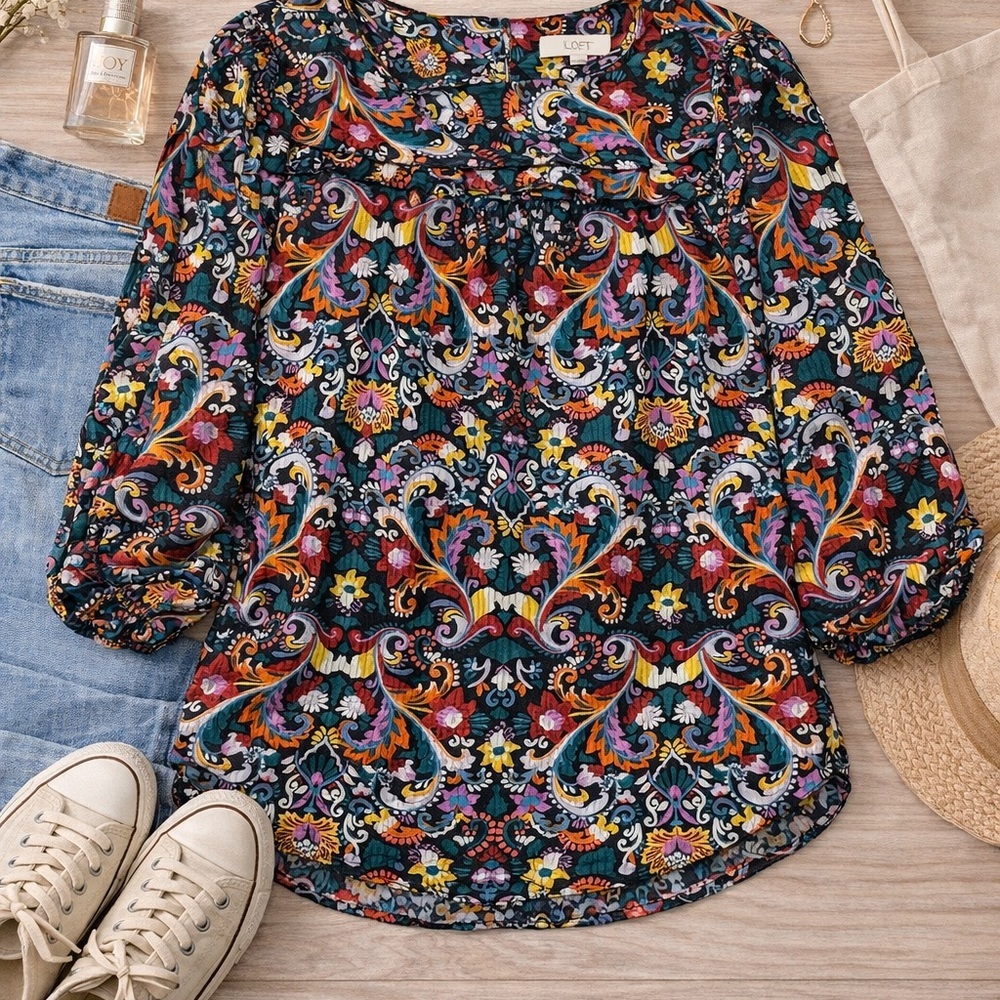 LOFT Multicolor Paisley Long Sleeve Blouse Size Medium